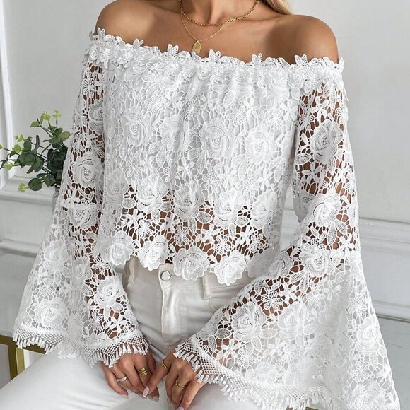 White Elegant Women's Summer Solid Color Lace Off-Shoulder Flare Sleeve Blouse - Picture 4 of 6